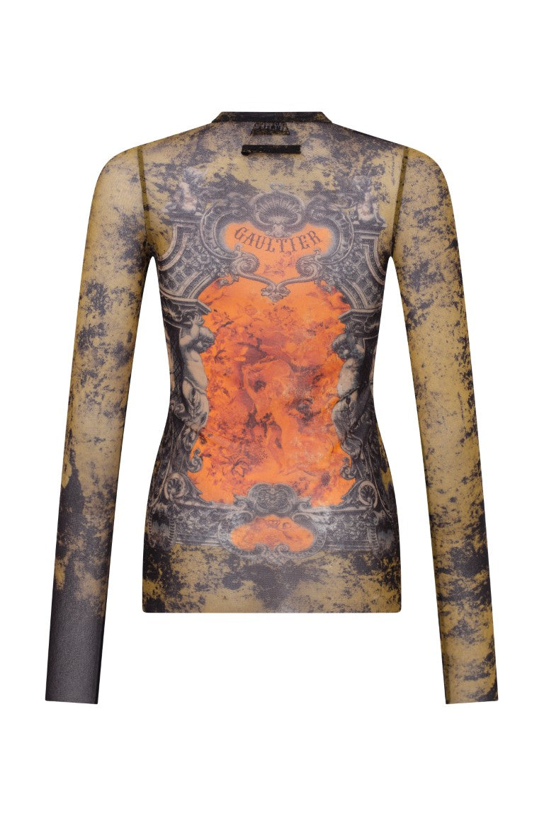 Mesh Long Sleeves Top Printed "Médaillon"