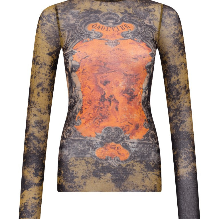 Mesh Long Sleeves Top Printed "Médaillon"