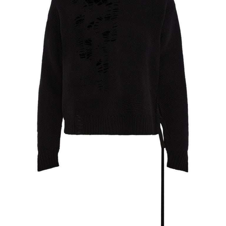 Gabriela Destroyed Seed Stitch Crew Neck Sweater with Drawstrings