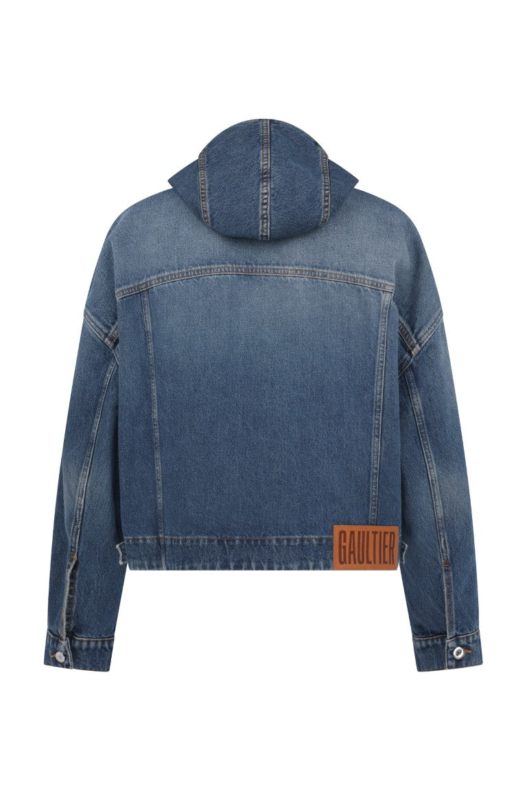Double Layer Denim Jacket with Hood Detail