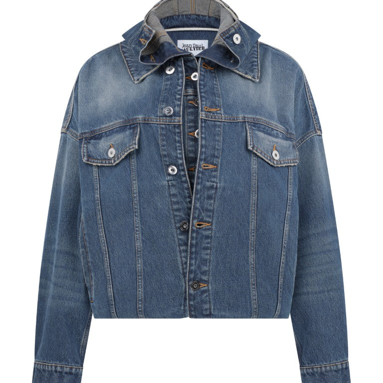 Double Layer Denim Jacket with Hood Detail