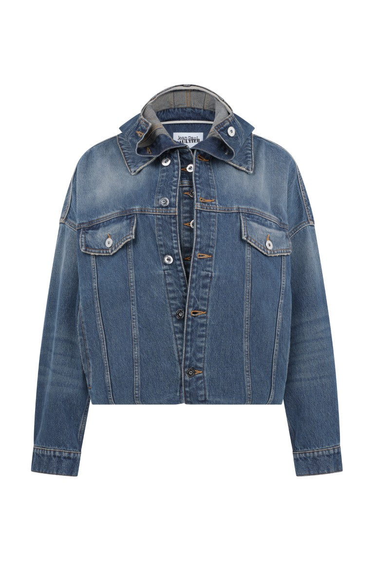 Double Layer Denim Jacket with Hood Detail