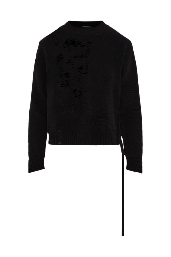 Gabriela Destroyed Seed Stitch Crew Neck Sweater with Drawstrings
