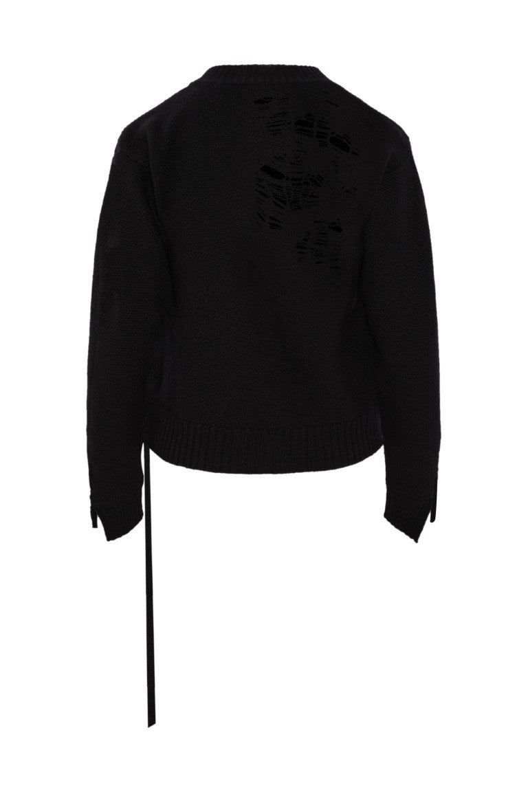 Gabriela Destroyed Seed Stitch Crew Neck Sweater with Drawstrings