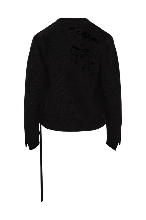 Gabriela Destroyed Seed Stitch Crew Neck Sweater with Drawstrings