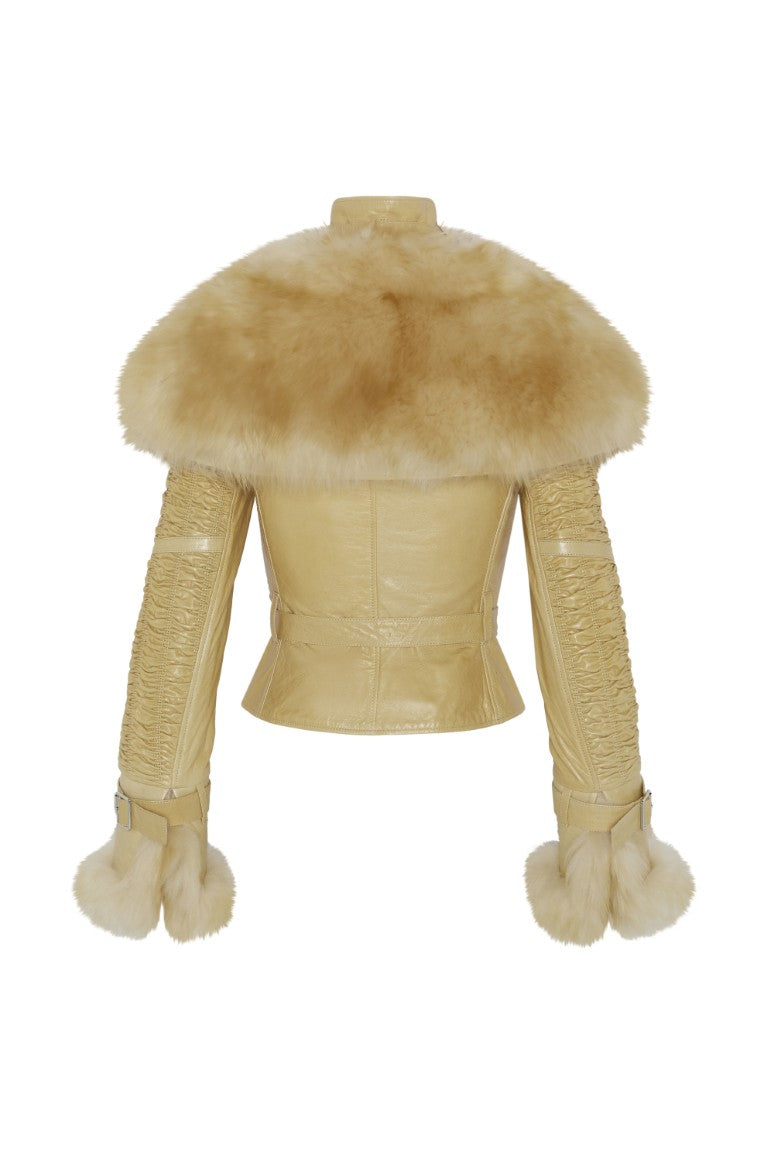 Smocked Leather Jacket with Detachable Collar