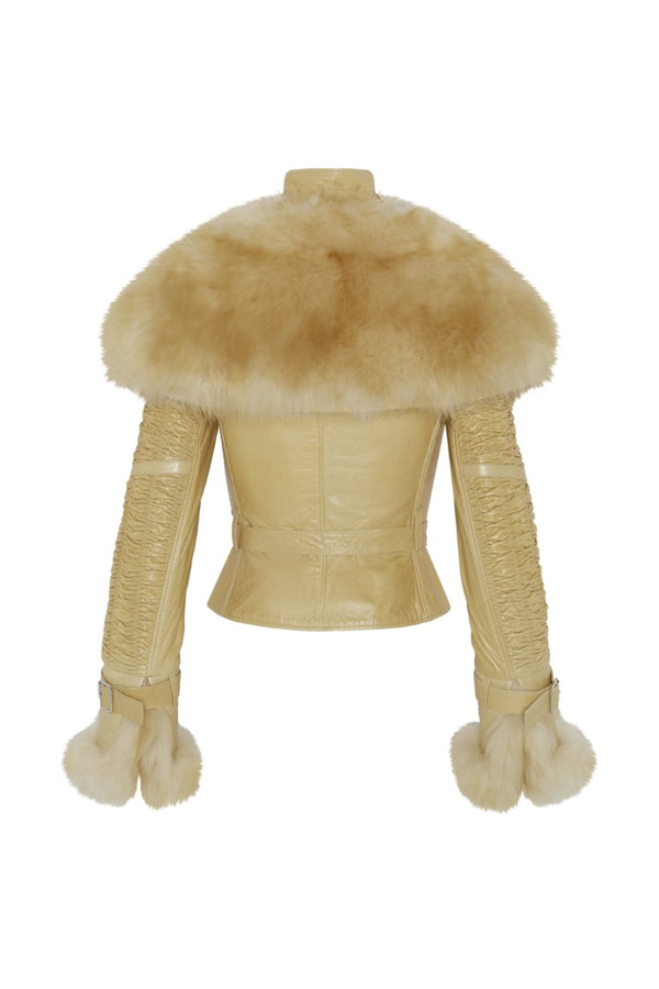 Smocked Leather Jacket with Detachable Collar