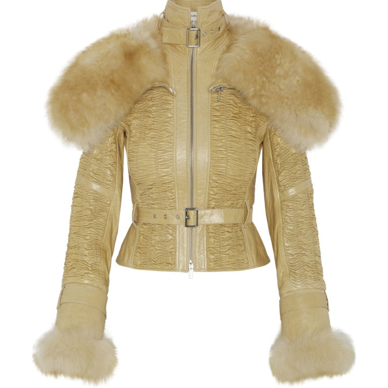 Smocked Leather Jacket with Detachable Collar