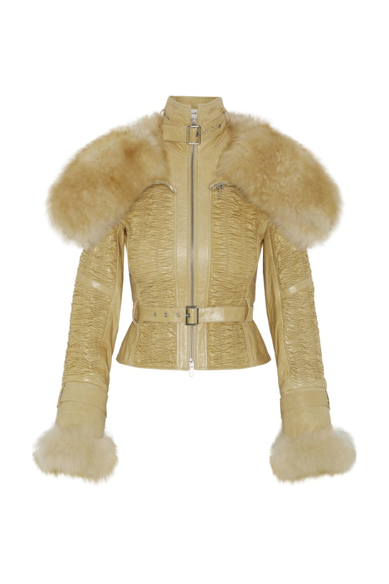 Smocked Leather Jacket with Detachable Collar