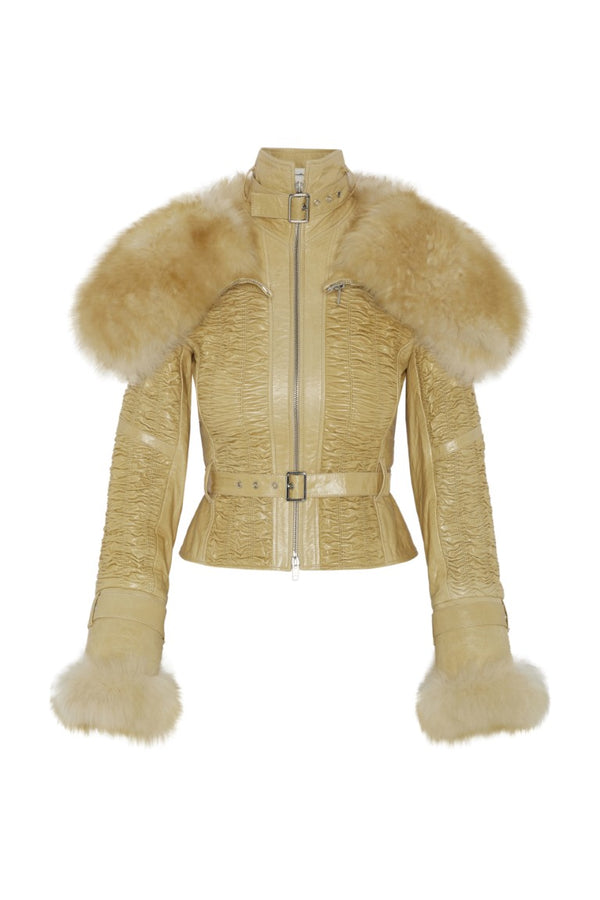 Smocked Leather Jacket with Detachable Collar