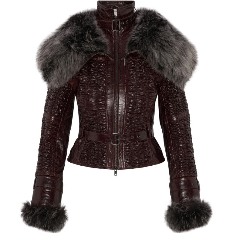 Smocked Leather Jacket with Detachable Collar