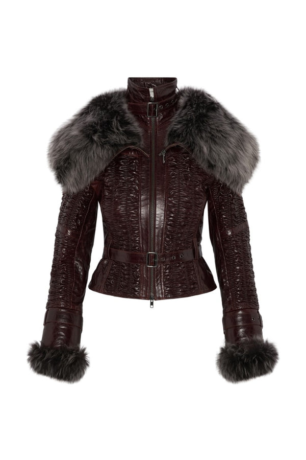 Smocked Leather Jacket with Detachable Collar
