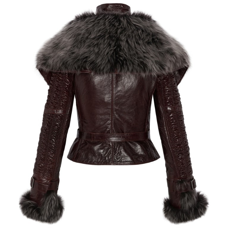 Smocked Leather Jacket with Detachable Collar