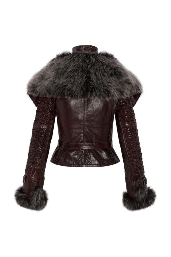 Smocked Leather Jacket with Detachable Collar
