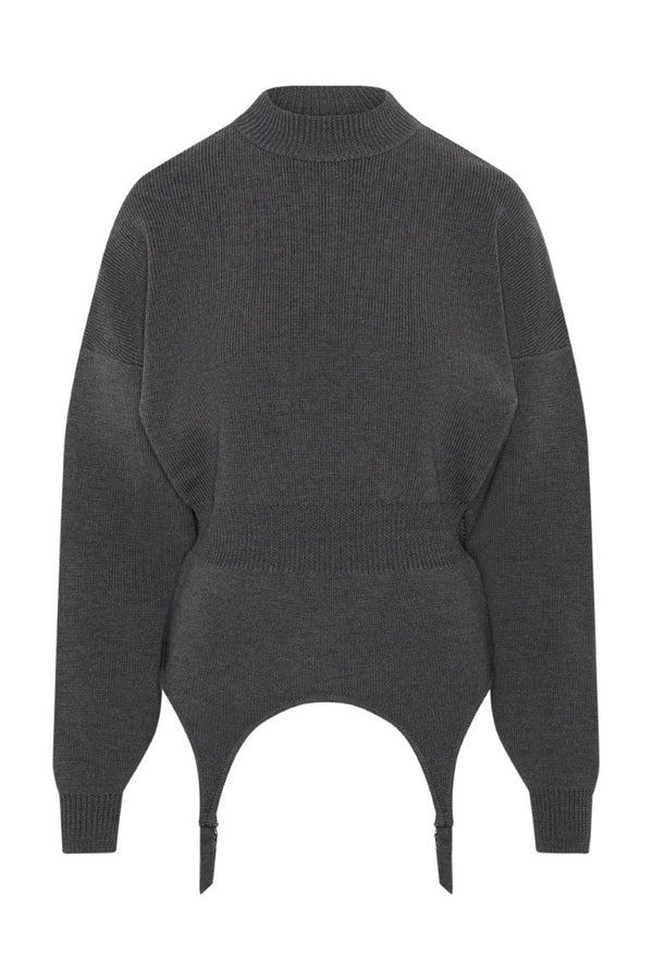 Jersey High Neck Bat Sleeves Pullover with Lingerie Garter
