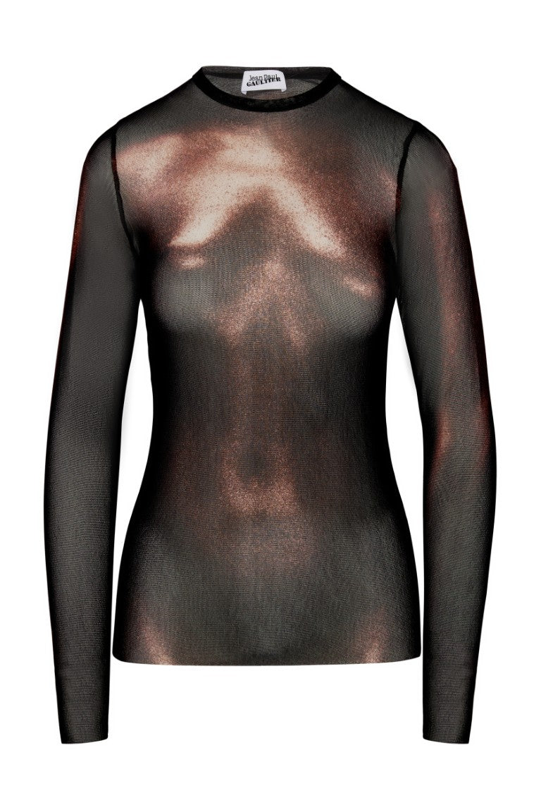 Mesh Crew Neck Top with Long Sleeves Printed "Body Dust"