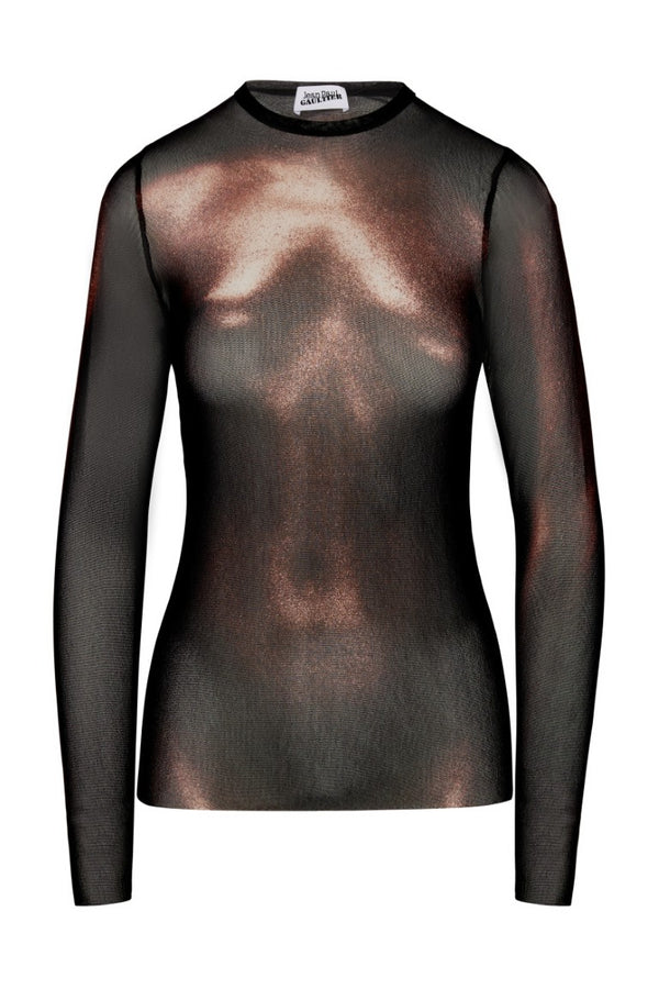 Mesh Crew Neck Top with Long Sleeves Printed "Body Dust"