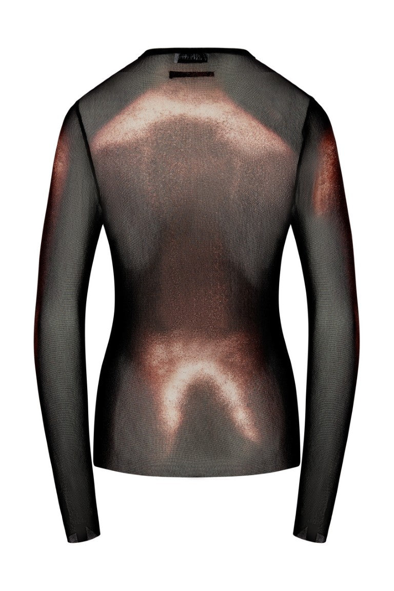 Mesh Crew Neck Top with Long Sleeves Printed "Body Dust"