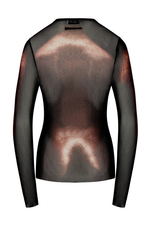 Mesh Crew Neck Top with Long Sleeves Printed "Body Dust"