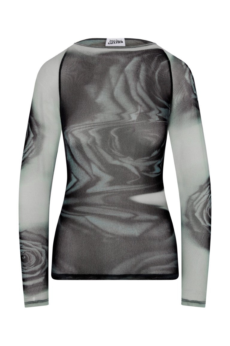 Mesh Boat Neck Top with Long Sleeves Printed "Blurry Roses"