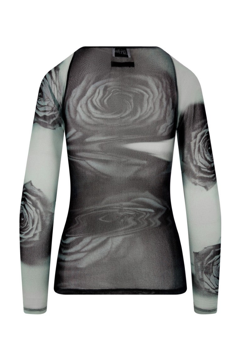 Mesh Boat Neck Top with Long Sleeves Printed "Blurry Roses"