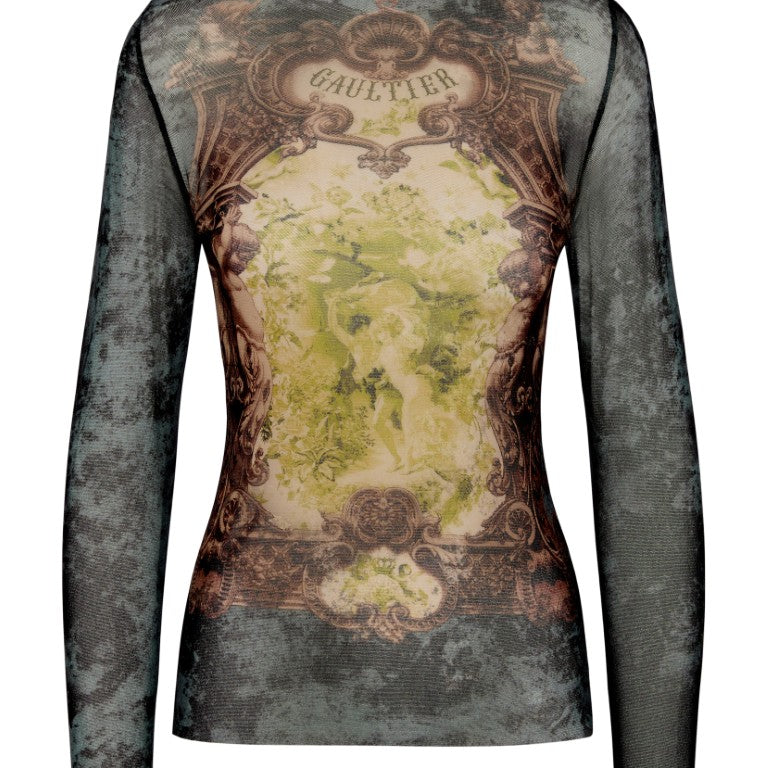 Mesh Long Sleeves Top Printed "Medaillon"