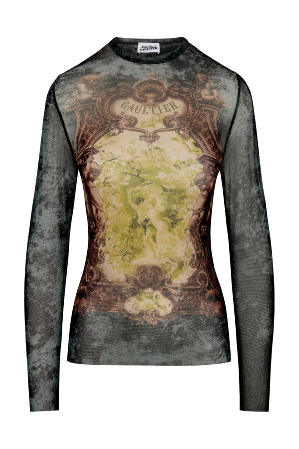 Mesh Long Sleeves Top Printed "Medaillon"