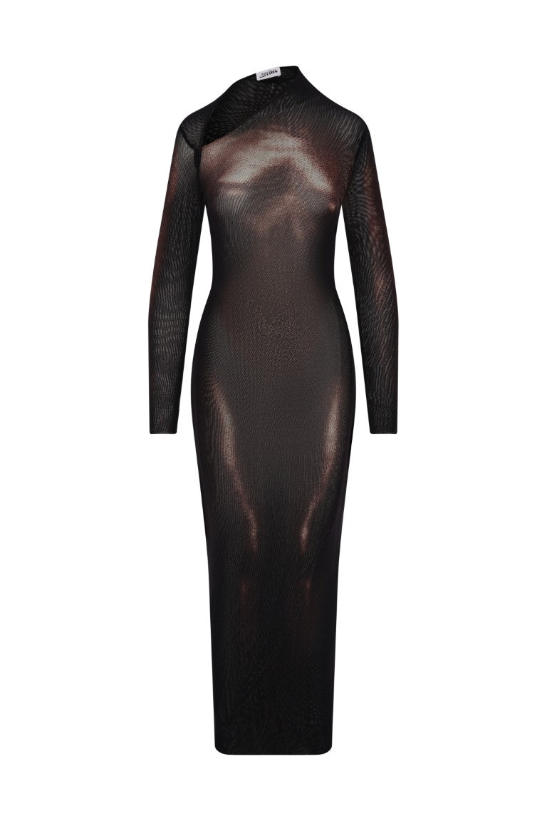 Mesh Asymmetric Collar Long Dress Printed "Body Dust"