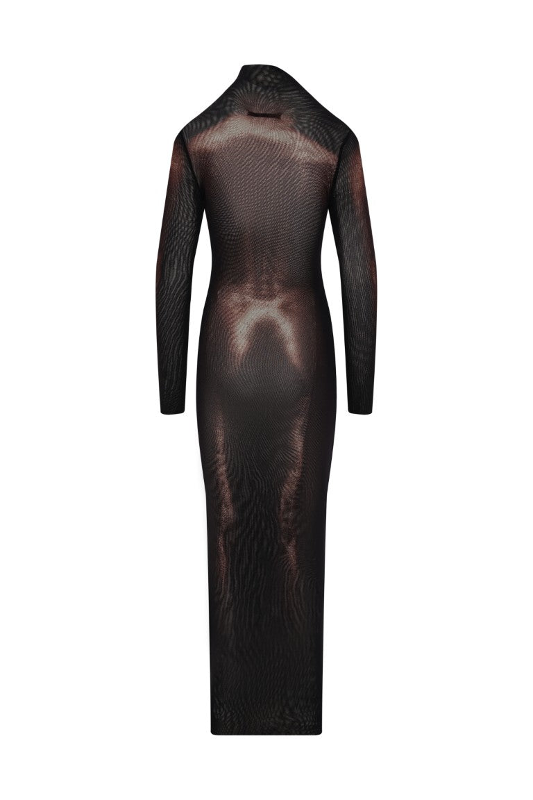 Mesh Asymmetric Collar Long Dress Printed "Body Dust"