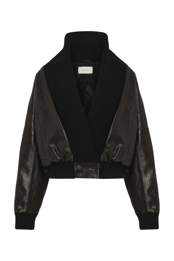 Leather Bomber Jacket w/ Knit Shawl Collar