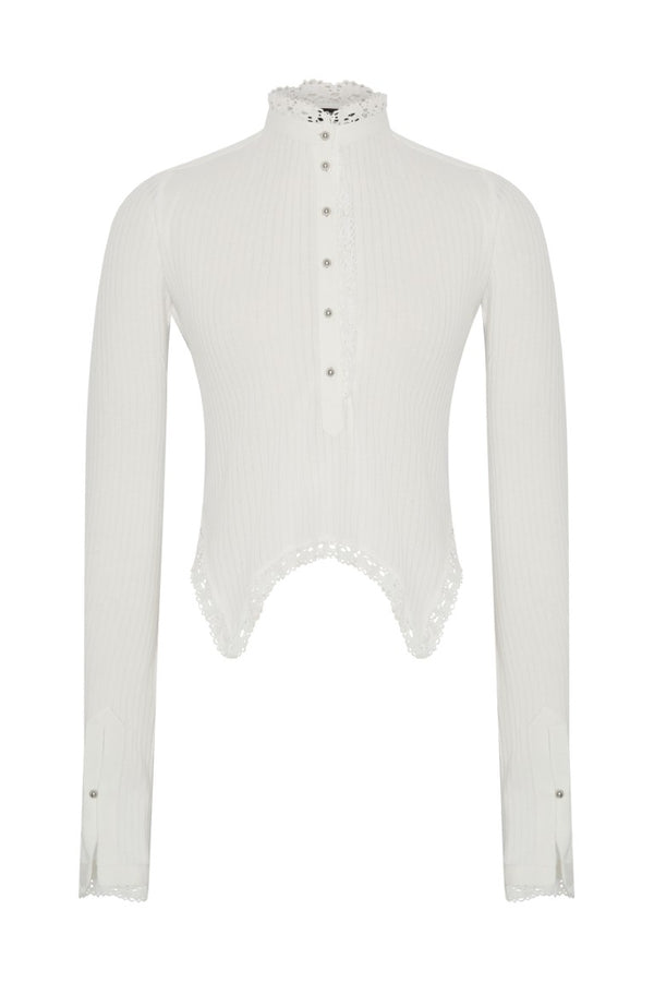 Nancine Fitted Long Sleeves Serafino Top w/ Lace Details