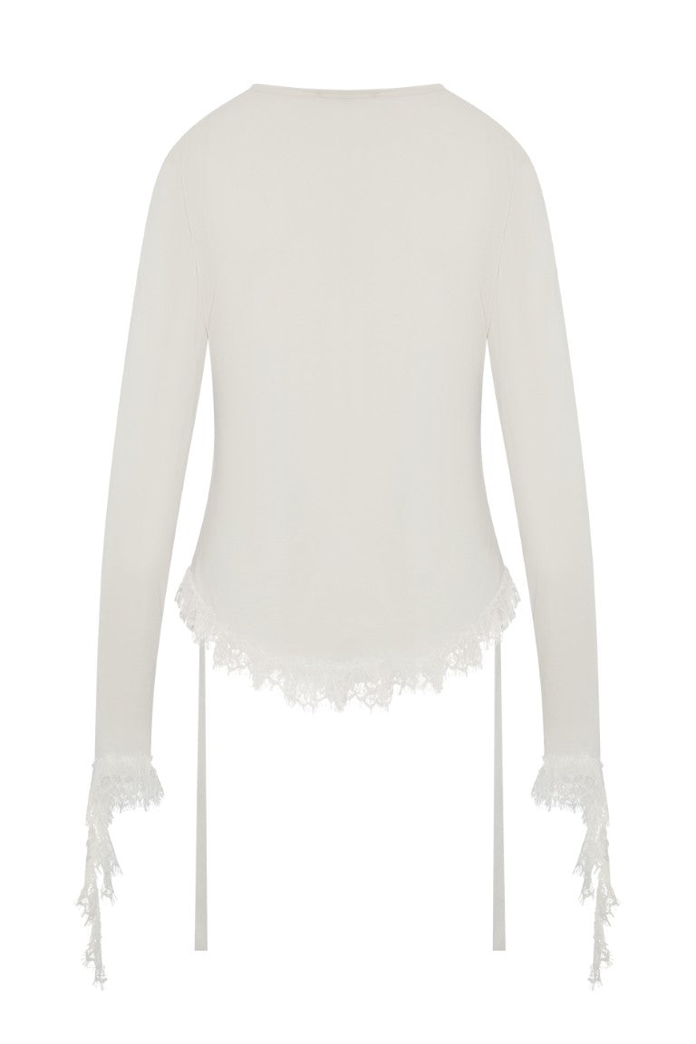 Mare Wrinkled Cropped Long Sleeve Serafino Top w/ Ruffled Hem And Cuffs
