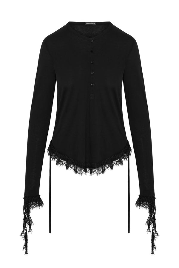 Mare Wrinkled Cropped Long Sleeve Serafino Top w/ Ruffled Hem And Cuffs
