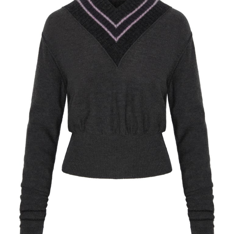 Cropped V Neck Sweater w/ Contrast Stripes