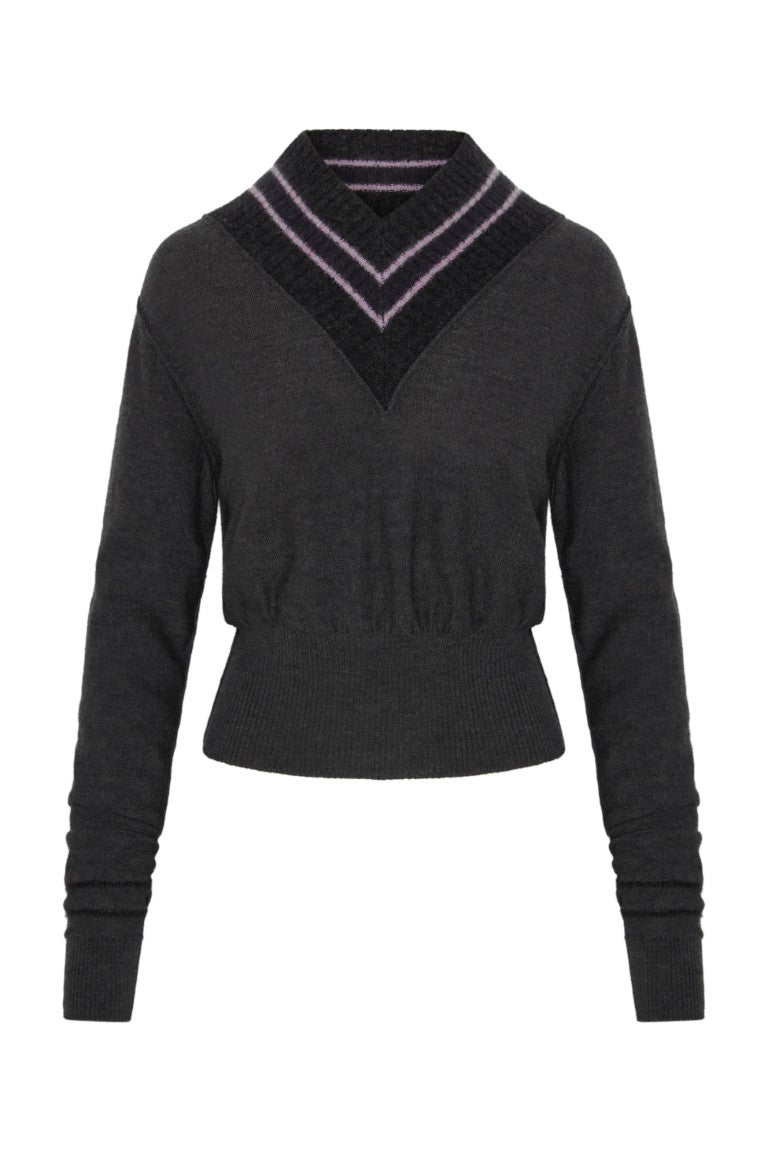 Cropped V Neck Sweater w/ Contrast Stripes