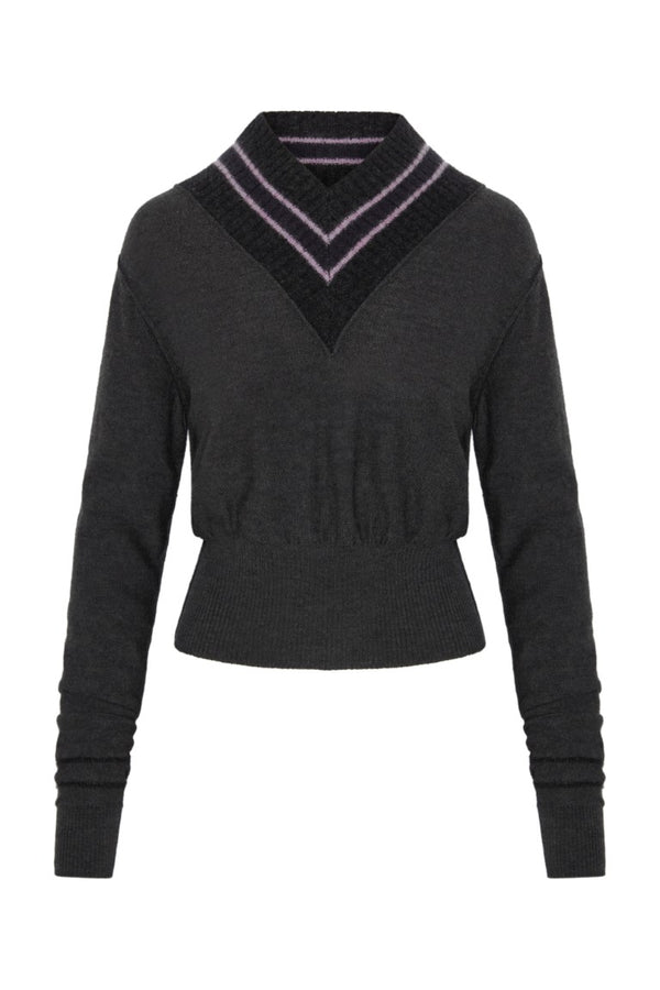 Cropped V Neck Sweater w/ Contrast Stripes