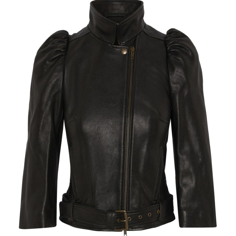 Leather Jacket w/ Puff Sleeve And Belt