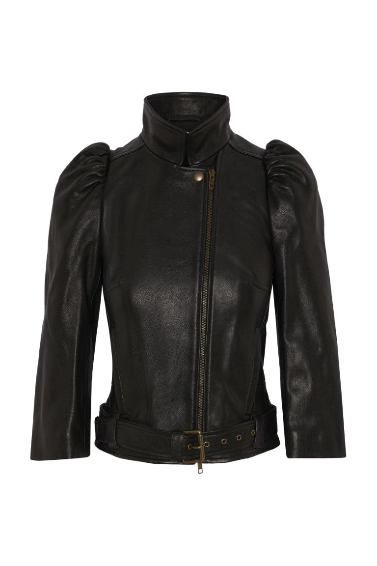 Leather Jacket w/ Puff Sleeve And Belt