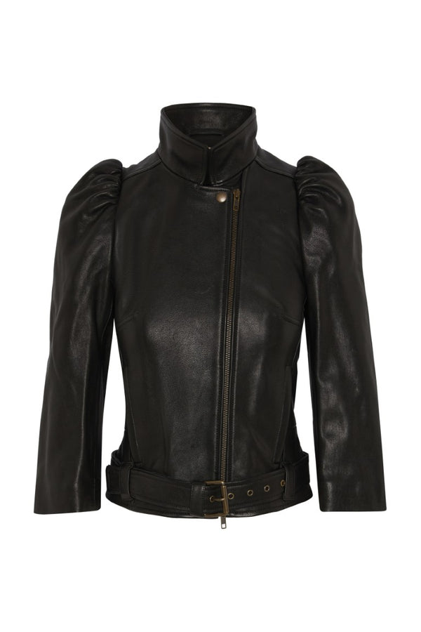 Leather Jacket w/ Puff Sleeve And Belt