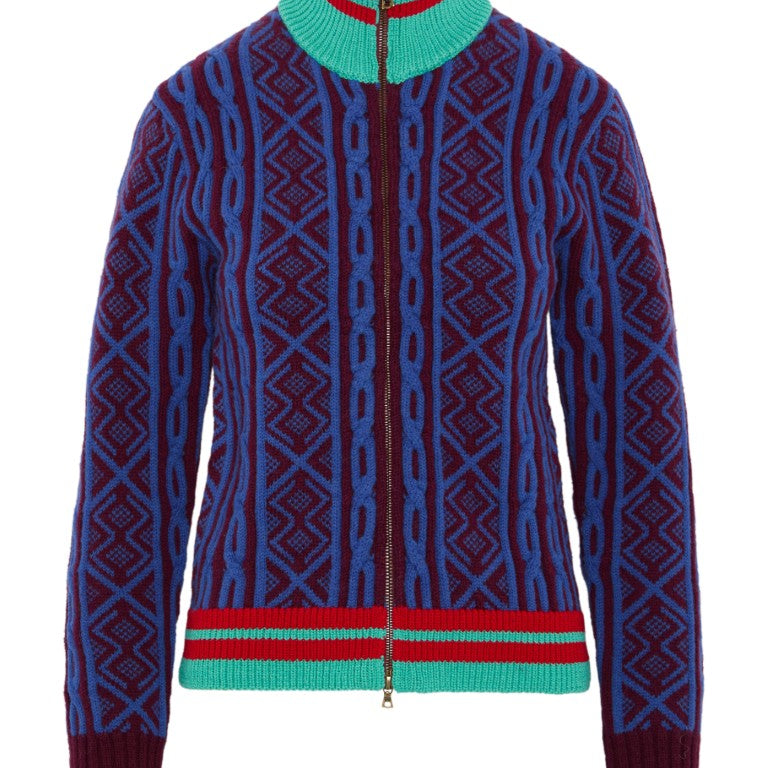 Geometric Pattern Zipped Wool Cardigan