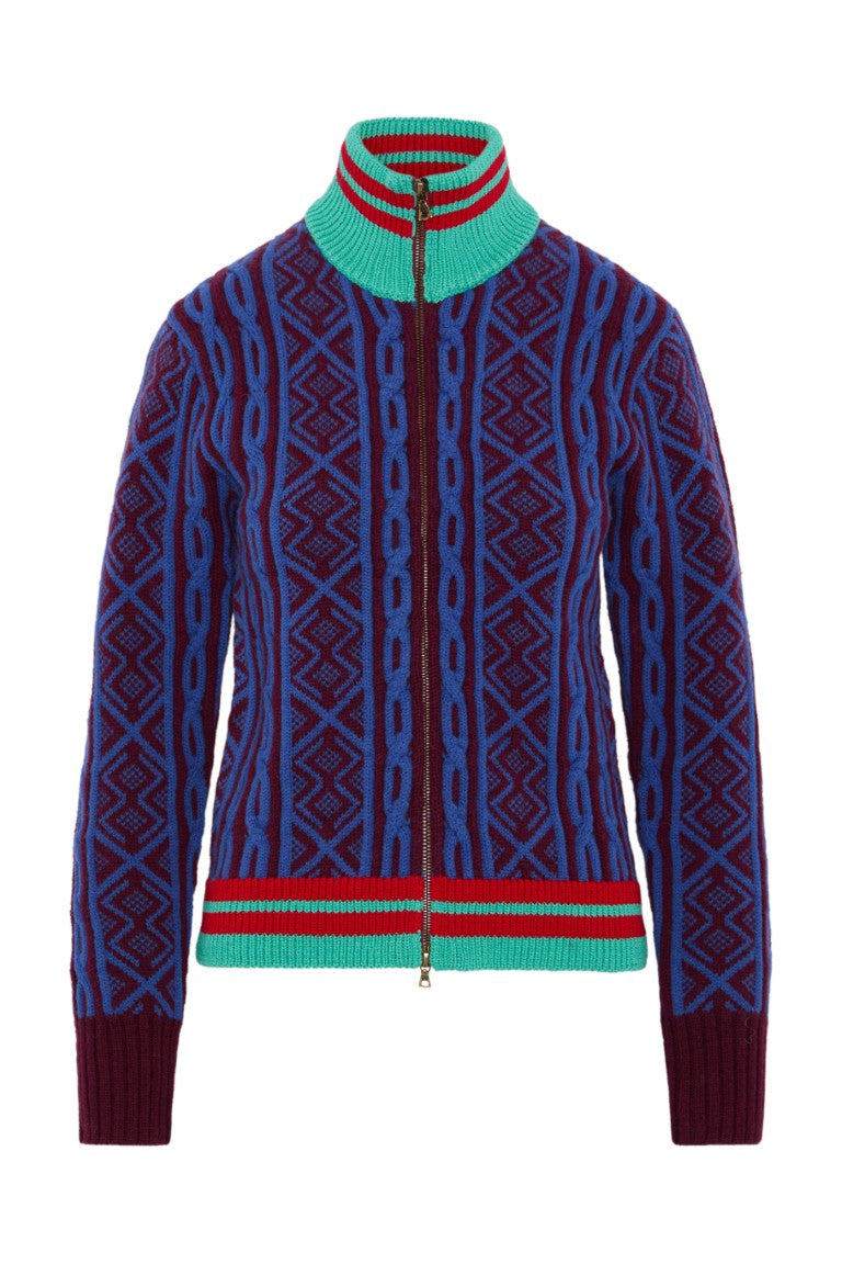 Geometric Pattern Zipped Wool Cardigan